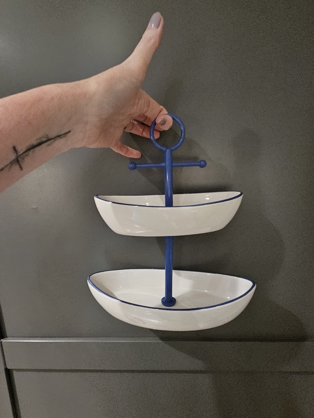 Two-Tier Boat Ceramic Tray with Blue Trim